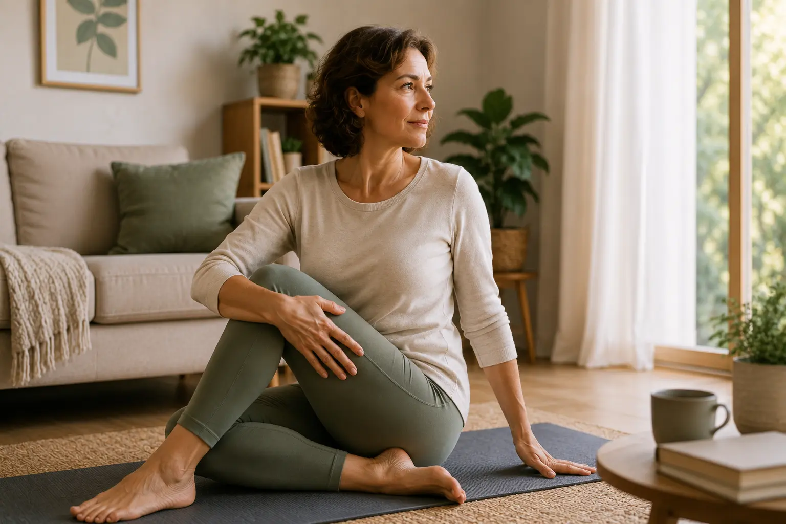 Donna che pratica movimento e benessere durante la menopausa