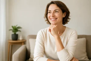 Donna sorridente seduta in casa mentre riflette sui cambiamenti del corpo dopo i 40 anni e sul benessere femminile.