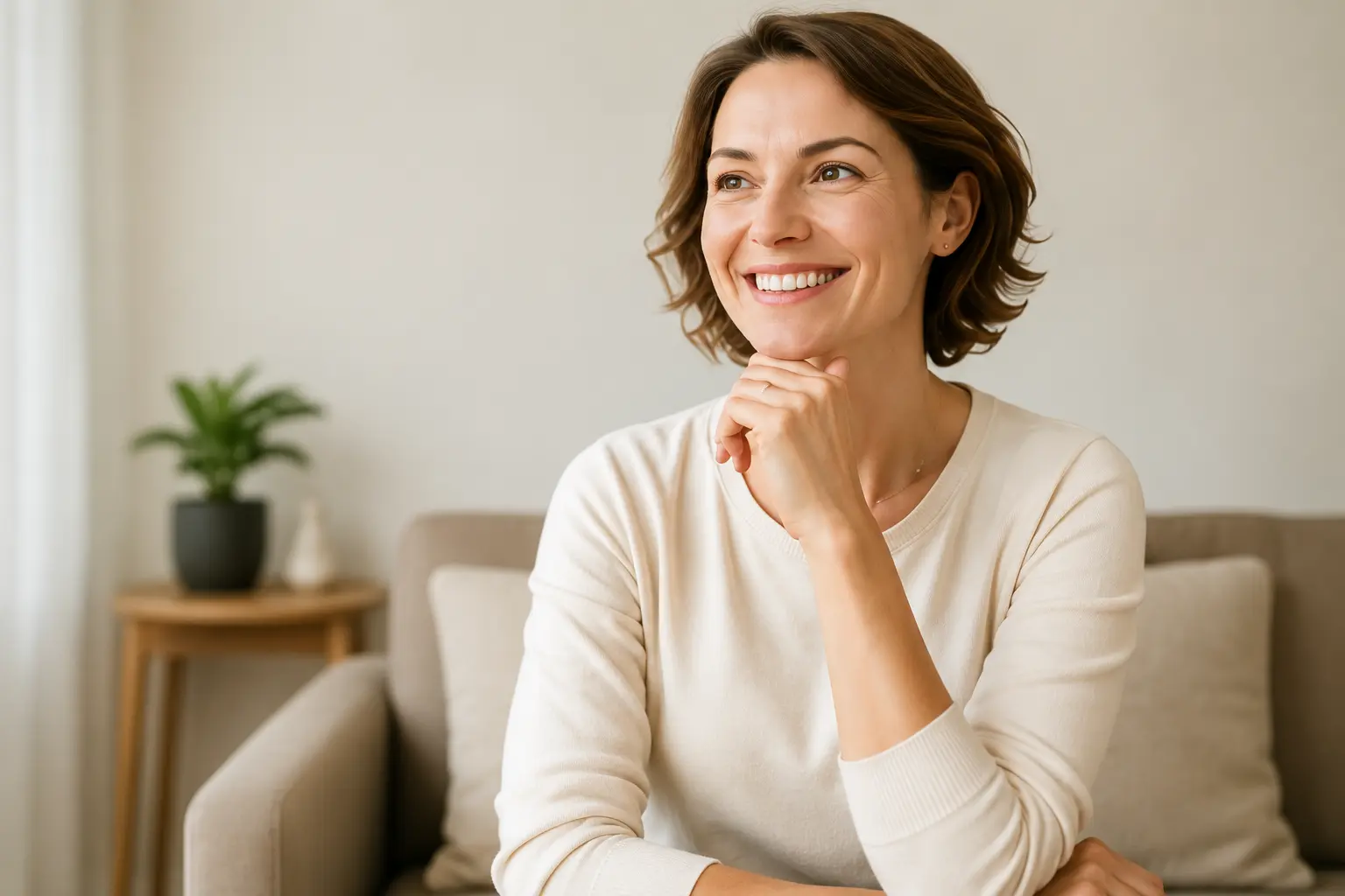 Donna over 40 che riflette sui cambiamenti del corpo