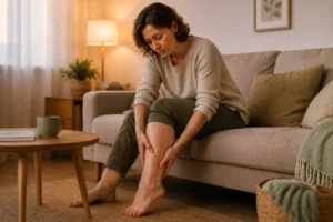 Donna seduta sul divano che massaggia le gambe affaticate e pesanti alla fine della giornata in un ambiente domestico accogliente.