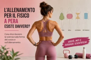 Donna in abbigliamento sportivo con illustrazioni delle diverse forme del corpo per un articolo che spiega cosa dice la scienza sull'allenamento per il fisico a pera e sulla distribuzione del grasso corporeo.