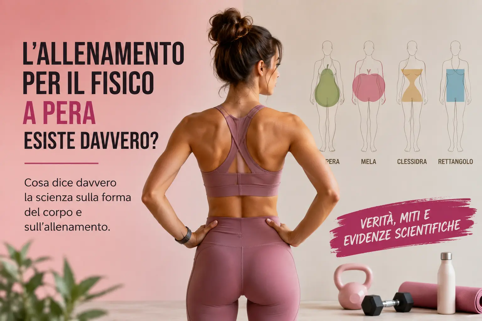 Donna in abbigliamento sportivo con illustrazioni delle diverse forme del corpo per un articolo che spiega cosa dice la scienza sull'allenamento per il fisico a pera e sulla distribuzione del grasso corporeo.